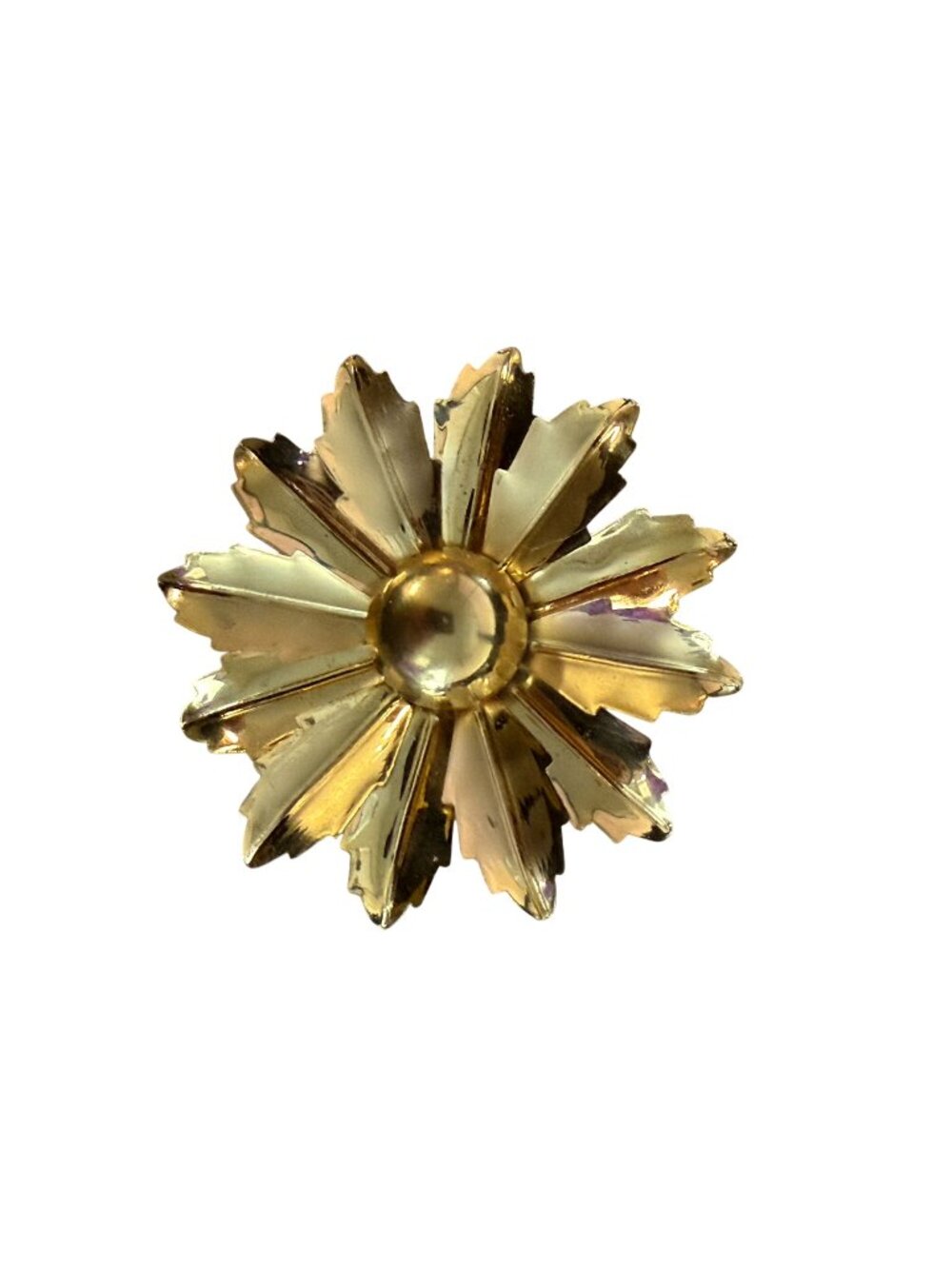 Vintage Gold Tone Layered Flower Brooch 2" Two Tier Daisy Pin MCM Statement